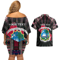 Personalized Liberia Roots Couples Matching Off Shoulder Short Dress and Hawaiian Shirt African Map in Fingerprint and Tribal Colors