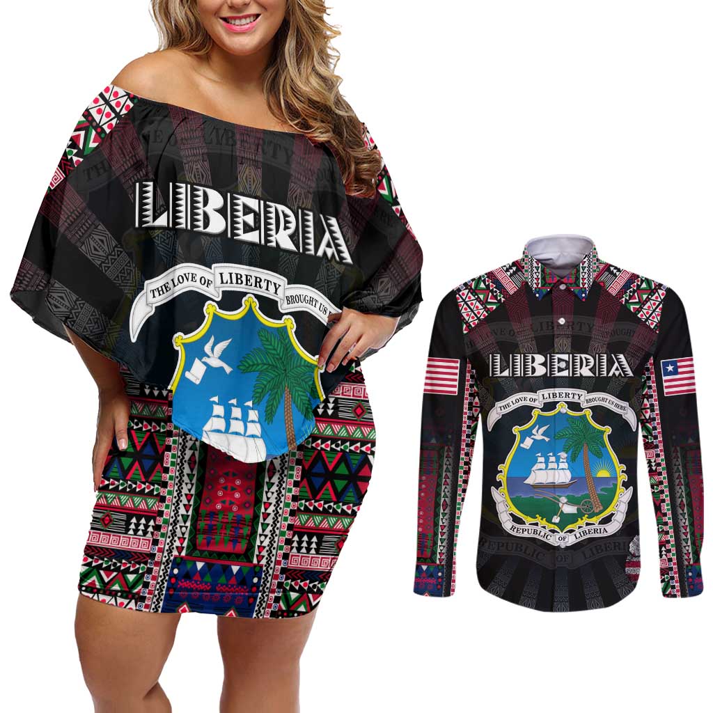 Personalized Liberia Roots Couples Matching Off Shoulder Short Dress and Long Sleeve Button Shirt African Map in Fingerprint and Tribal Colors