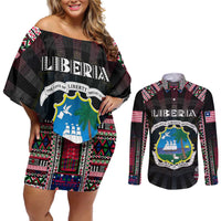 Personalized Liberia Roots Couples Matching Off Shoulder Short Dress and Long Sleeve Button Shirt African Map in Fingerprint and Tribal Colors