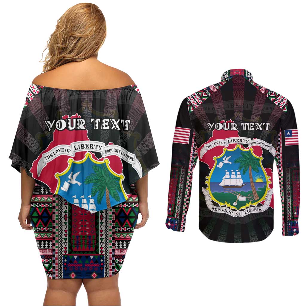 Personalized Liberia Roots Couples Matching Off Shoulder Short Dress and Long Sleeve Button Shirt African Map in Fingerprint and Tribal Colors