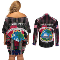 Personalized Liberia Roots Couples Matching Off Shoulder Short Dress and Long Sleeve Button Shirt African Map in Fingerprint and Tribal Colors