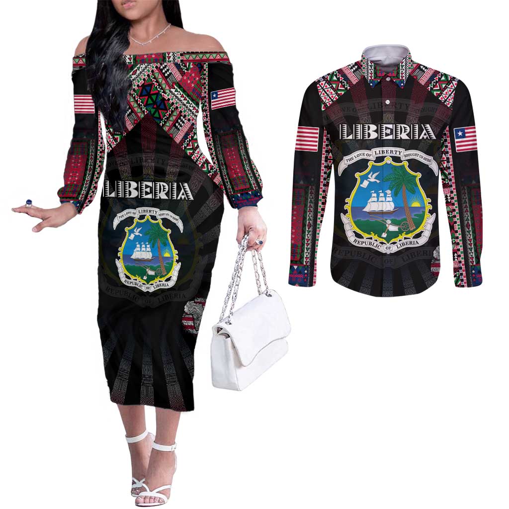 Personalized Liberia Roots Couples Matching Off The Shoulder Long Sleeve Dress and Long Sleeve Button Shirt African Map in Fingerprint and Tribal Colors