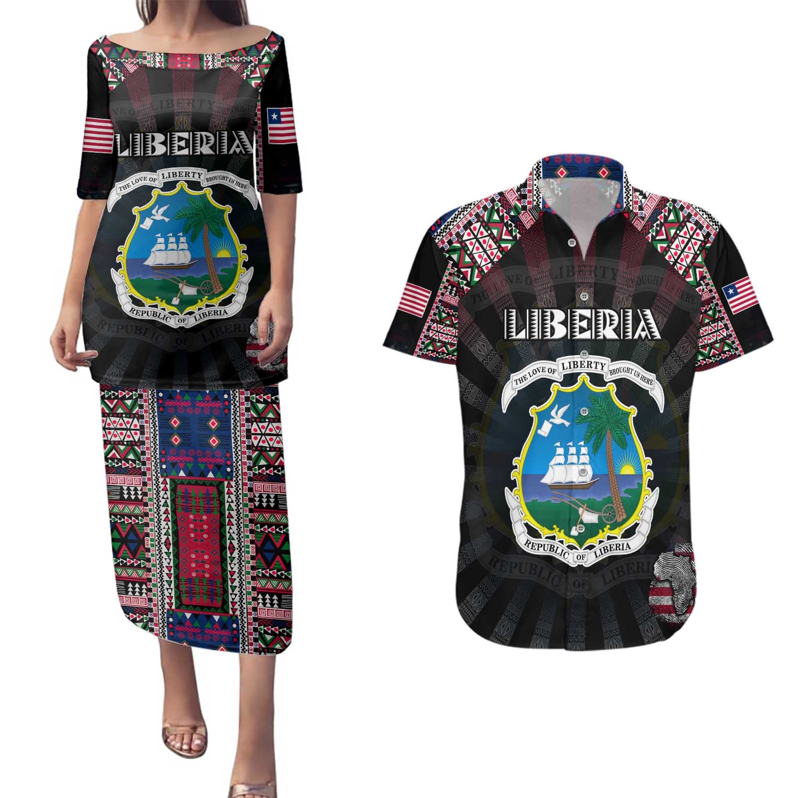 Personalized Liberia Roots Couples Matching Puletasi and Hawaiian Shirt African Map in Fingerprint and Tribal Colors