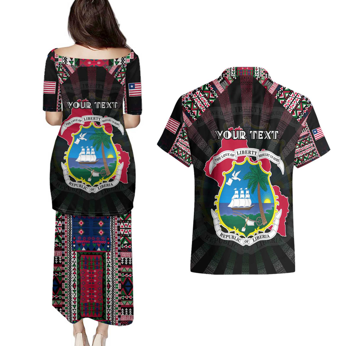 Personalized Liberia Roots Couples Matching Puletasi and Hawaiian Shirt African Map in Fingerprint and Tribal Colors
