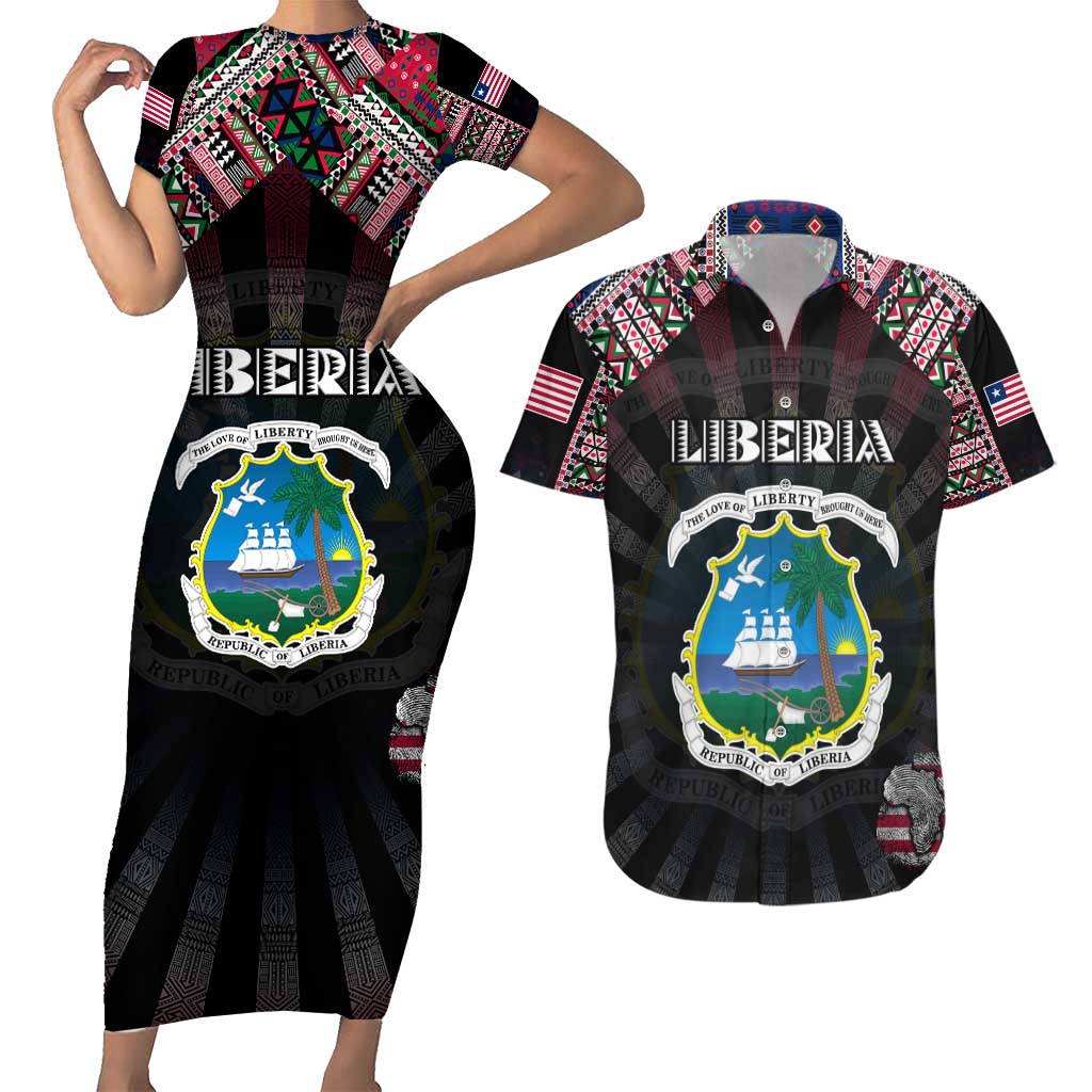 Personalized Liberia Roots Couples Matching Short Sleeve Bodycon Dress and Hawaiian Shirt African Map in Fingerprint and Tribal Colors