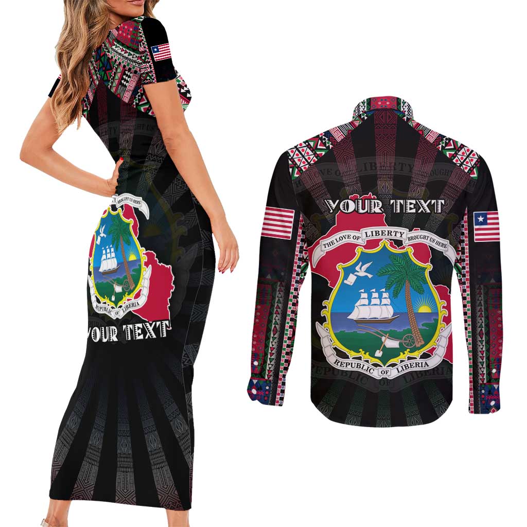 Personalized Liberia Roots Couples Matching Short Sleeve Bodycon Dress and Long Sleeve Button Shirt African Map in Fingerprint and Tribal Colors