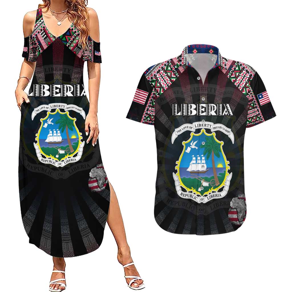 Personalized Liberia Roots Couples Matching Summer Maxi Dress and Hawaiian Shirt African Map in Fingerprint and Tribal Colors