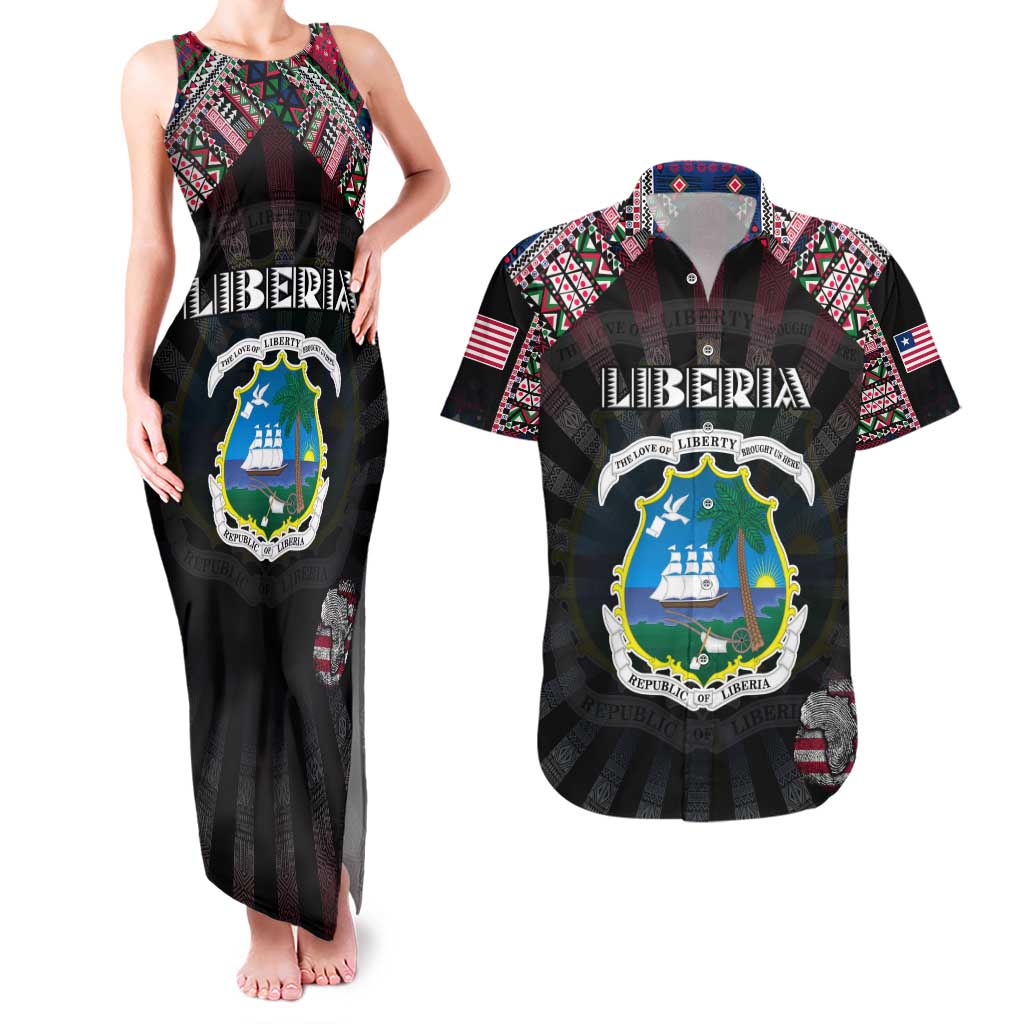 Personalized Liberia Roots Couples Matching Tank Maxi Dress and Hawaiian Shirt African Map in Fingerprint and Tribal Colors