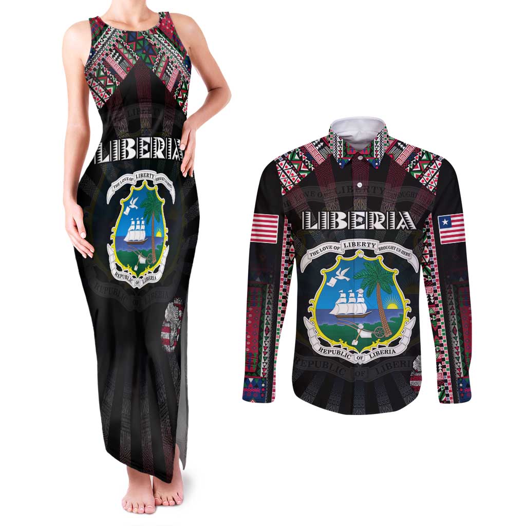 Personalized Liberia Roots Couples Matching Tank Maxi Dress and Long Sleeve Button Shirt African Map in Fingerprint and Tribal Colors