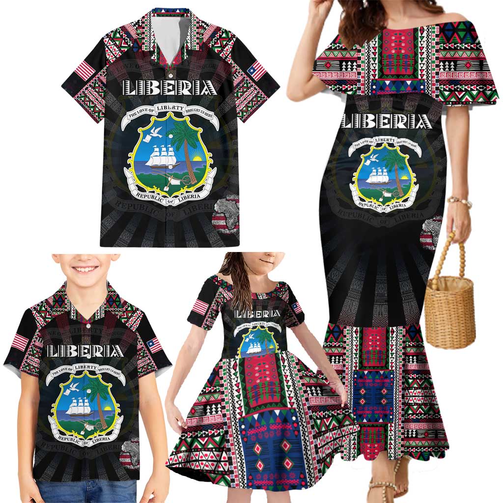 Personalized Liberia Roots Family Matching Mermaid Dress and Hawaiian Shirt African Map in Fingerprint and Tribal Colors