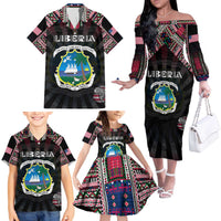 Personalized Liberia Roots Family Matching Off The Shoulder Long Sleeve Dress and Hawaiian Shirt African Map in Fingerprint and Tribal Colors