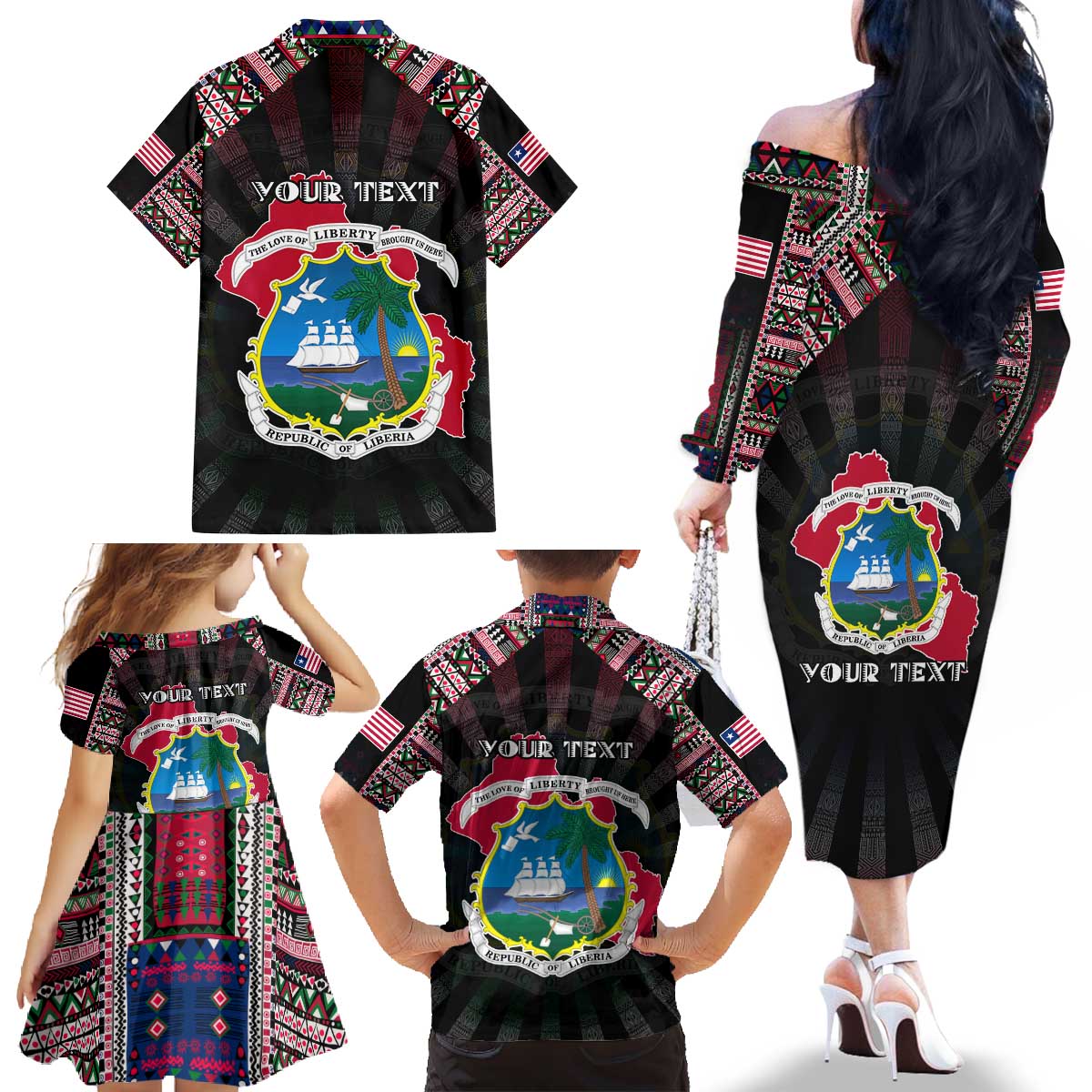 Personalized Liberia Roots Family Matching Off The Shoulder Long Sleeve Dress and Hawaiian Shirt African Map in Fingerprint and Tribal Colors