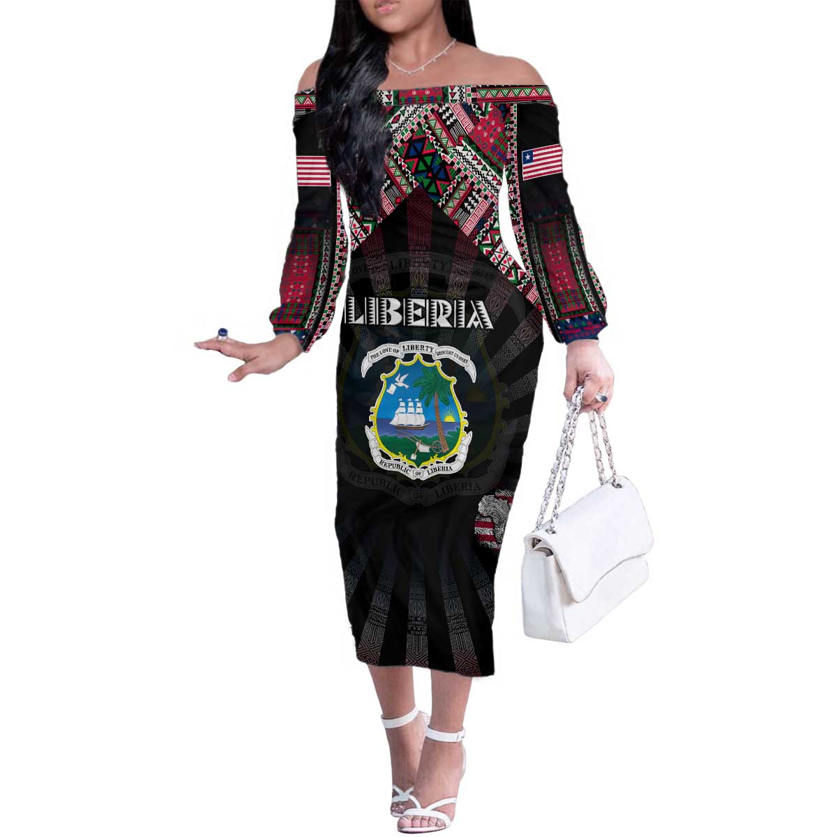 Personalized Liberia Roots Family Matching Off The Shoulder Long Sleeve Dress and Hawaiian Shirt African Map in Fingerprint and Tribal Colors