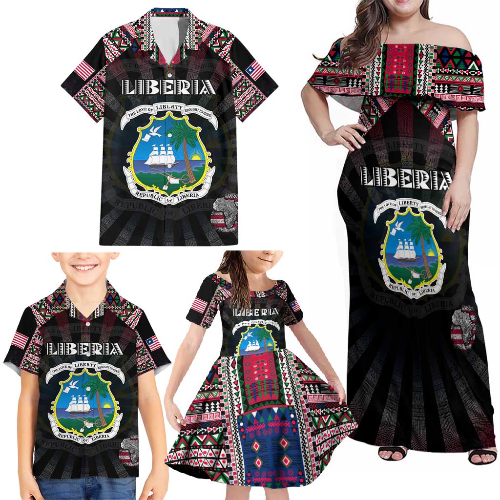 Personalized Liberia Roots Family Matching Off Shoulder Maxi Dress and Hawaiian Shirt African Map in Fingerprint and Tribal Colors