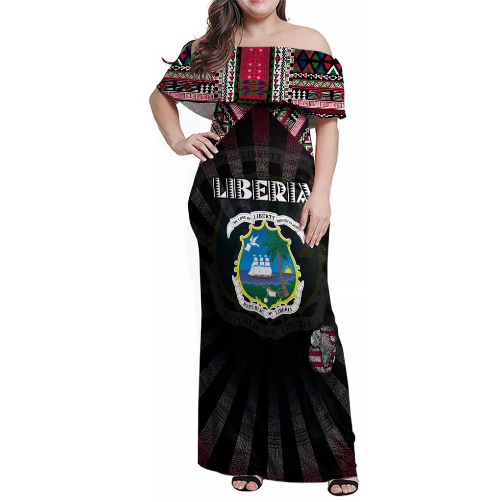Personalized Liberia Roots Family Matching Off Shoulder Maxi Dress and Hawaiian Shirt African Map in Fingerprint and Tribal Colors