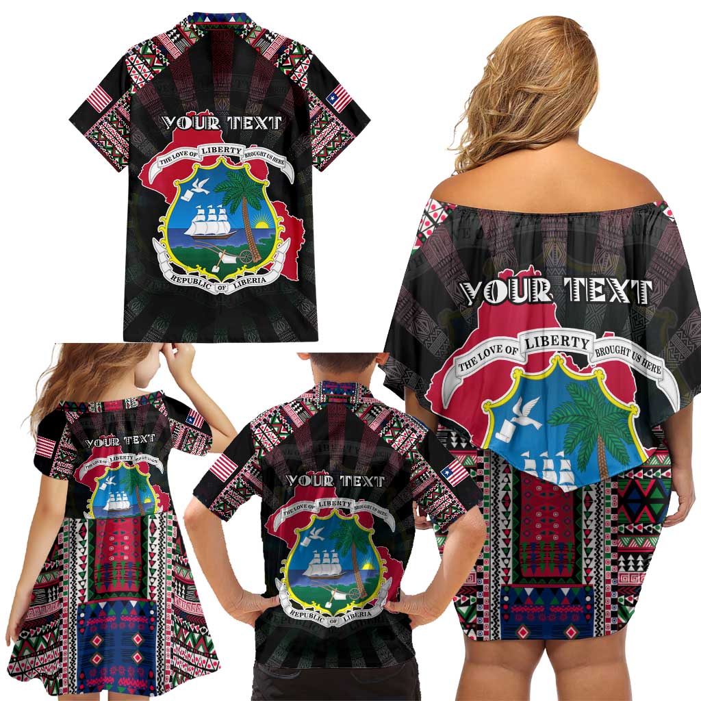 Personalized Liberia Roots Family Matching Off Shoulder Short Dress and Hawaiian Shirt African Map in Fingerprint and Tribal Colors