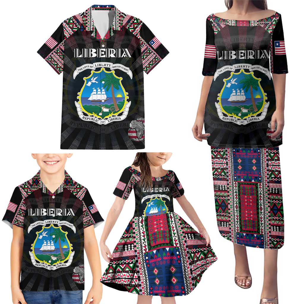 Personalized Liberia Roots Family Matching Puletasi and Hawaiian Shirt African Map in Fingerprint and Tribal Colors