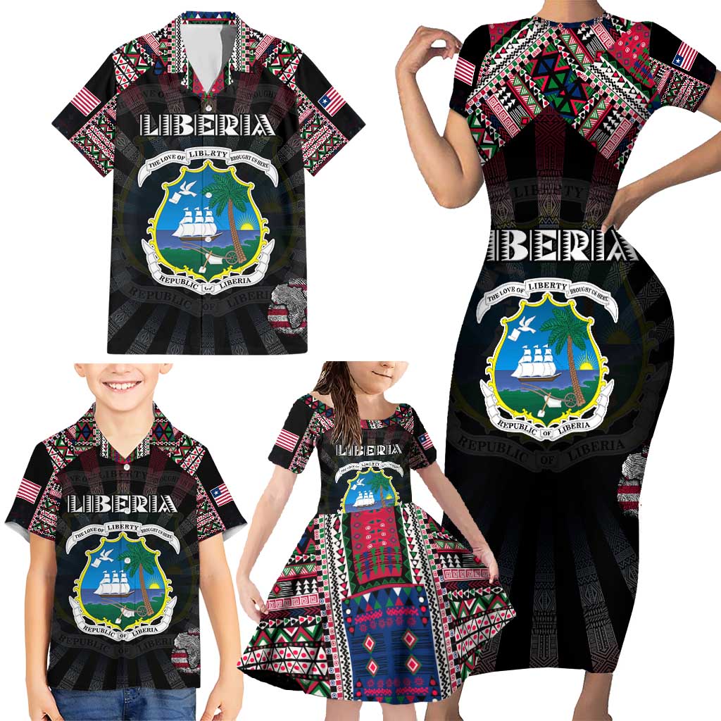 Personalized Liberia Roots Family Matching Short Sleeve Bodycon Dress and Hawaiian Shirt African Map in Fingerprint and Tribal Colors