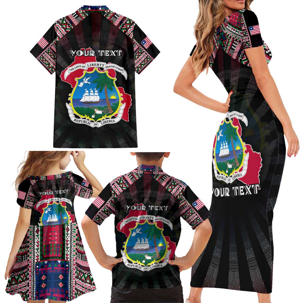 Personalized Liberia Roots Family Matching Short Sleeve Bodycon Dress and Hawaiian Shirt African Map in Fingerprint and Tribal Colors
