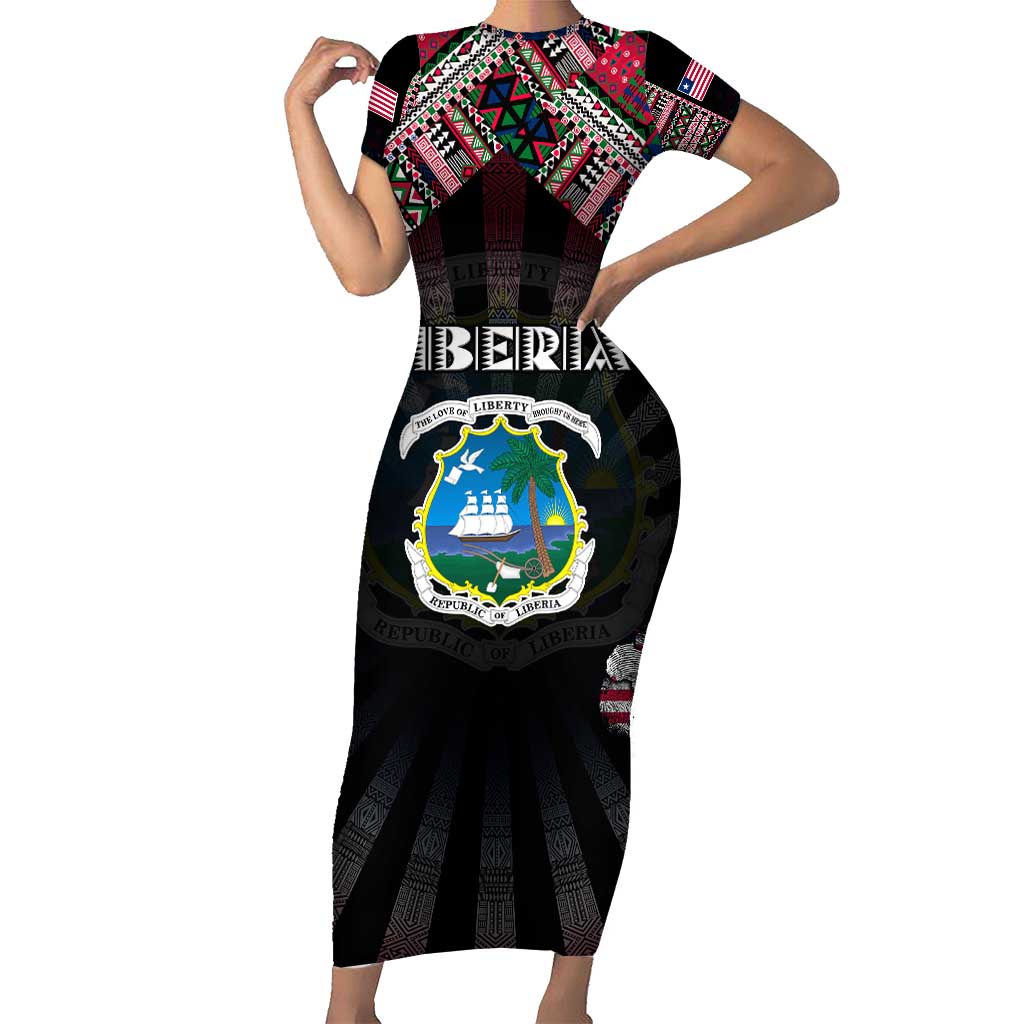 Personalized Liberia Roots Family Matching Short Sleeve Bodycon Dress and Hawaiian Shirt African Map in Fingerprint and Tribal Colors