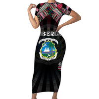 Personalized Liberia Roots Family Matching Short Sleeve Bodycon Dress and Hawaiian Shirt African Map in Fingerprint and Tribal Colors