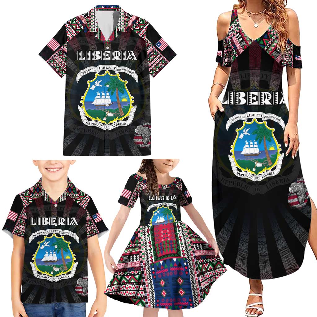 Personalized Liberia Roots Family Matching Summer Maxi Dress and Hawaiian Shirt African Map in Fingerprint and Tribal Colors