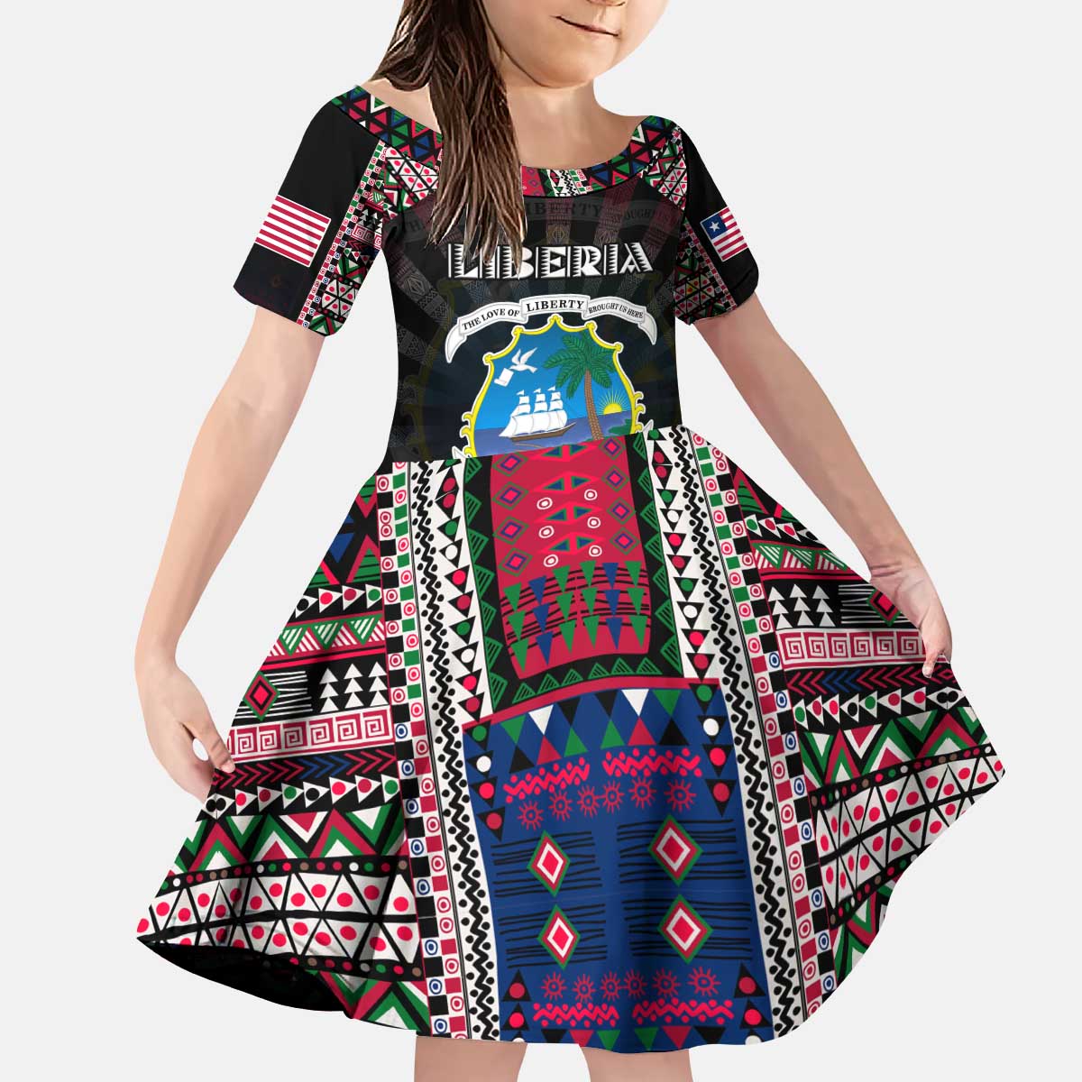 Personalized Liberia Roots Kid Short Sleeve Dress African Map in Fingerprint and Tribal Colors