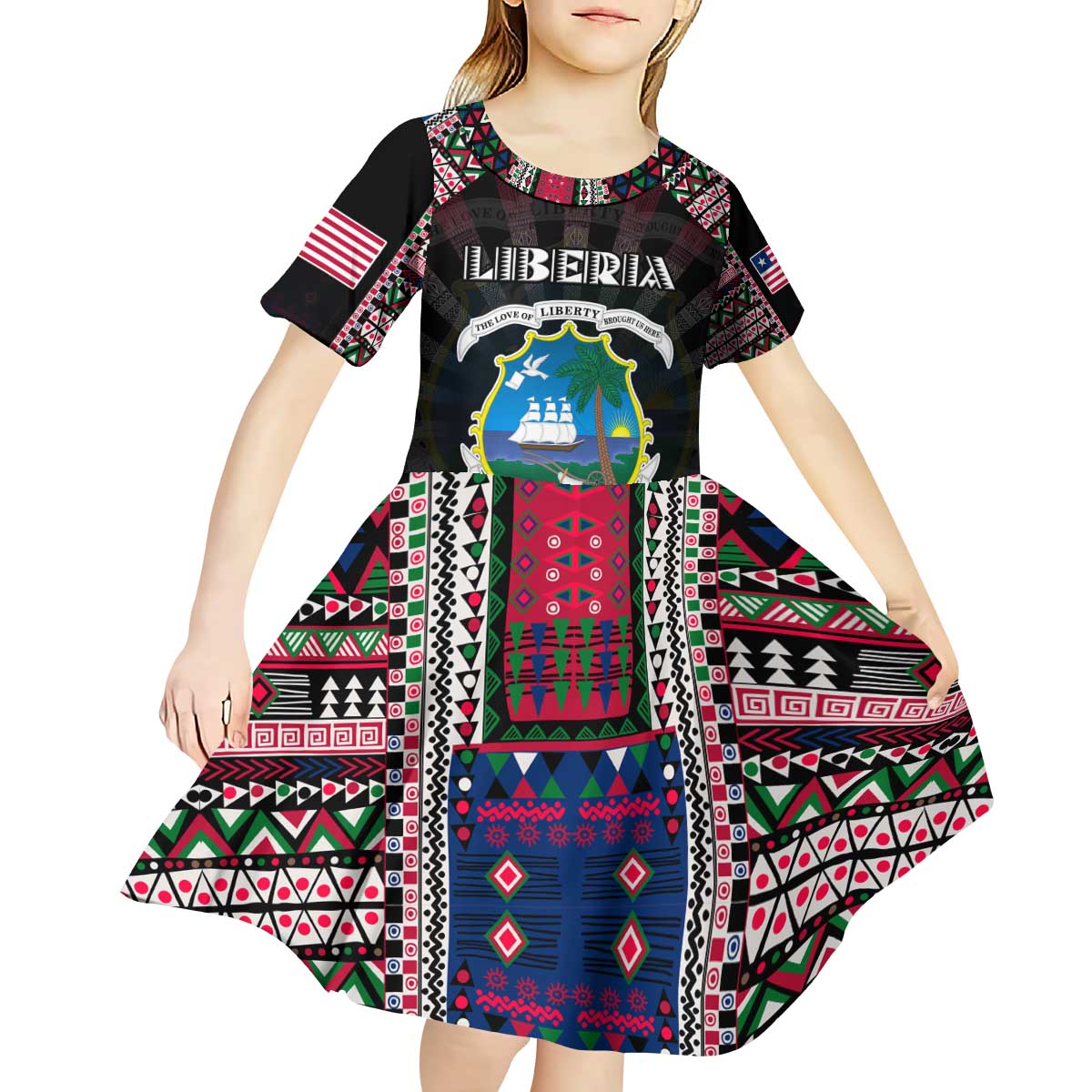 Personalized Liberia Roots Kid Short Sleeve Dress African Map in Fingerprint and Tribal Colors