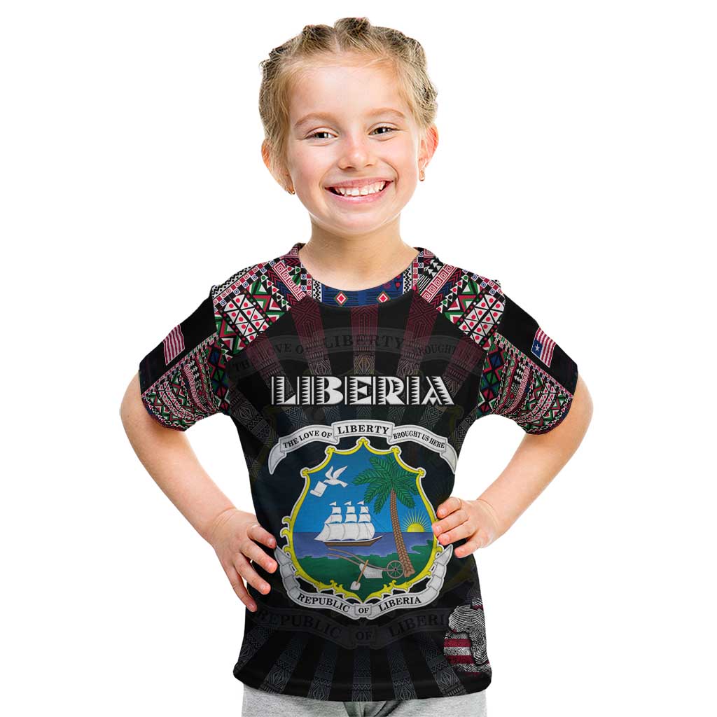 Personalized Liberia Roots Kid T Shirt African Map in Fingerprint and Tribal Colors
