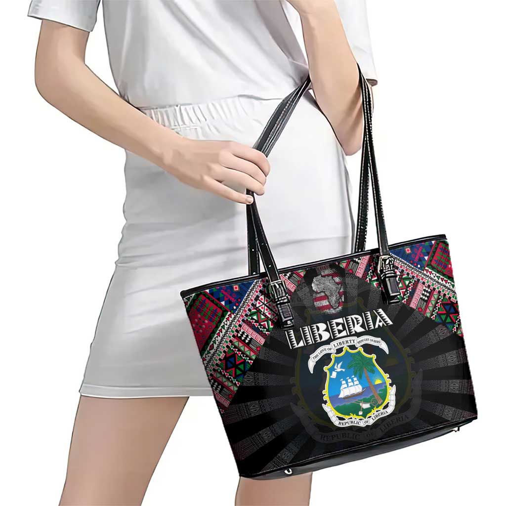 Liberia Roots Leather Tote Bag African Map in Fingerprint and Tribal Colors