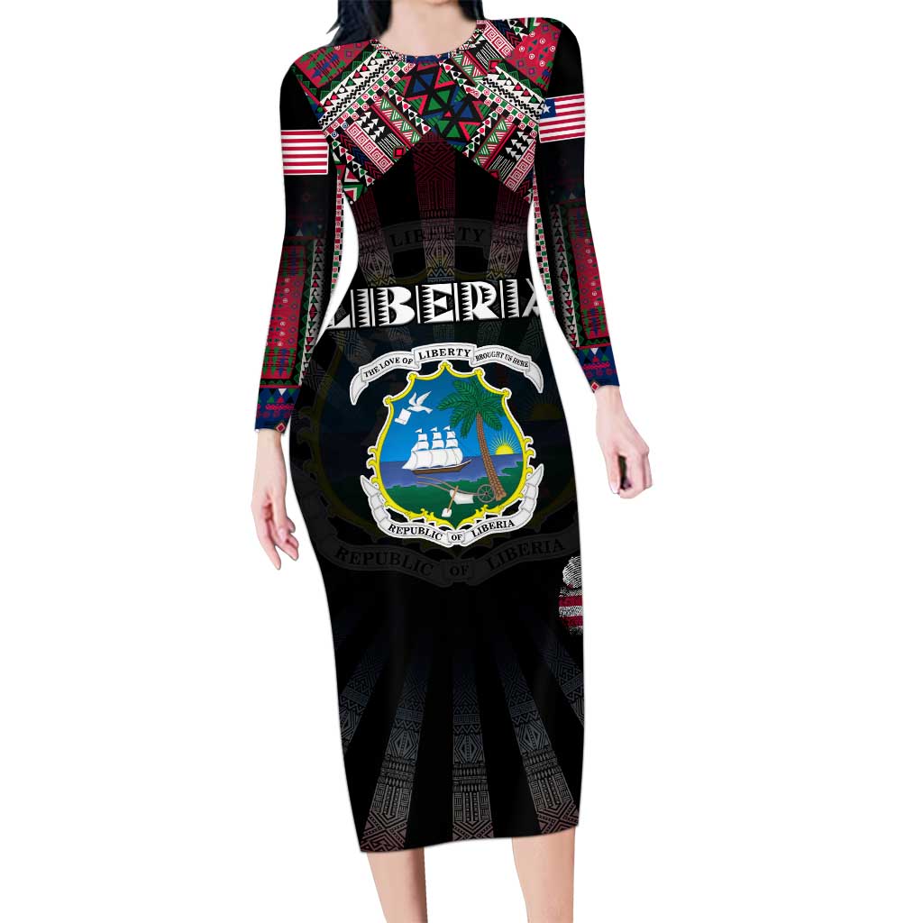 Personalized Liberia Roots Long Sleeve Bodycon Dress African Map in Fingerprint and Tribal Colors