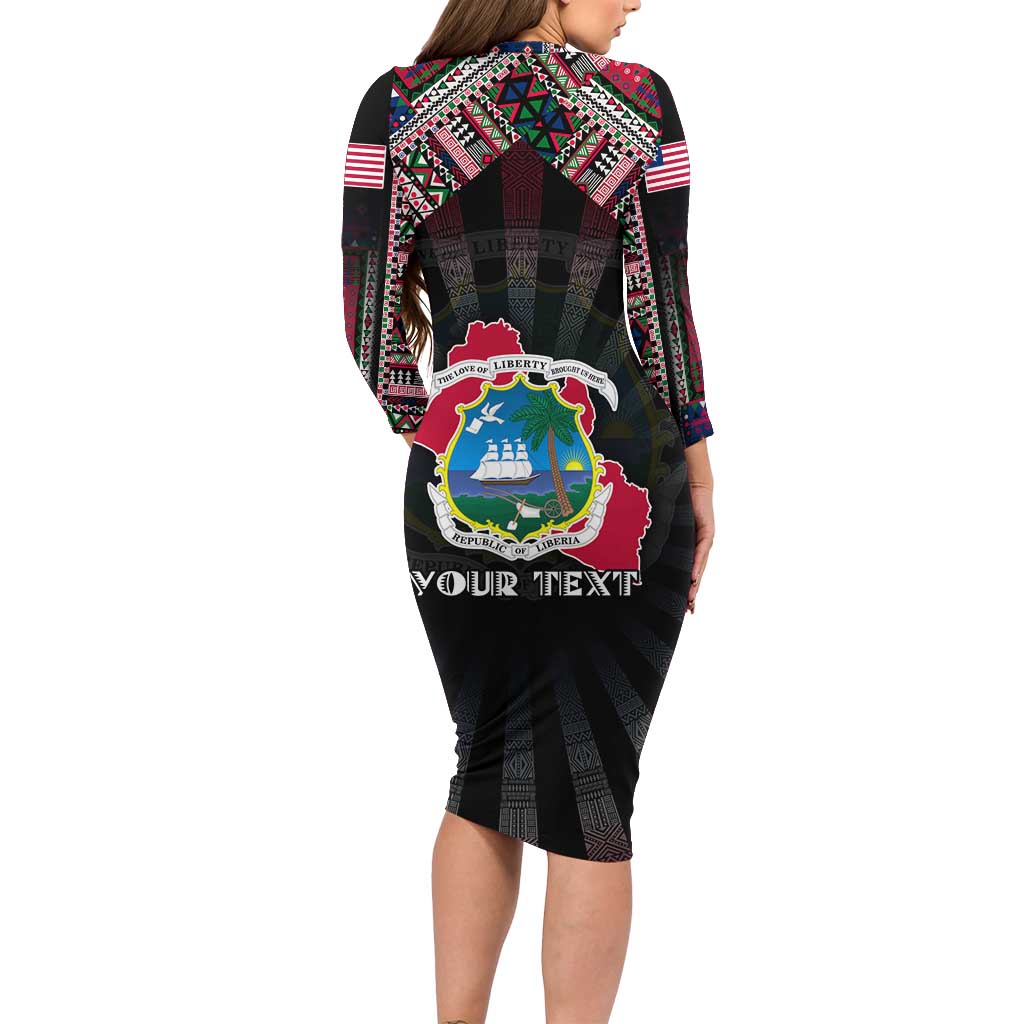 Personalized Liberia Roots Long Sleeve Bodycon Dress African Map in Fingerprint and Tribal Colors