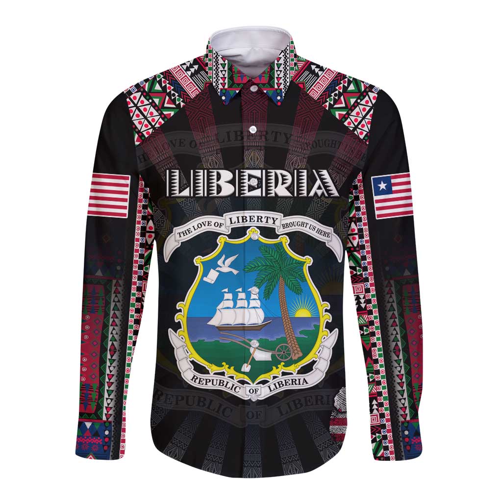 Personalized Liberia Roots Long Sleeve Button Shirt African Map in Fingerprint and Tribal Colors