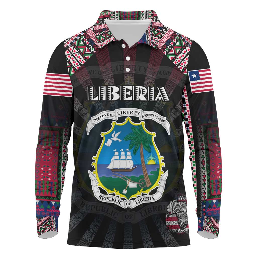 Personalized Liberia Roots Long Sleeve Polo Shirt African Map in Fingerprint and Tribal Colors