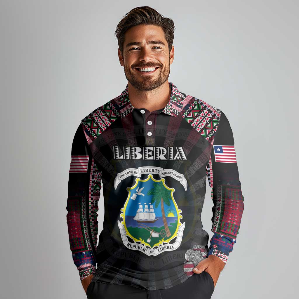 Personalized Liberia Roots Long Sleeve Polo Shirt African Map in Fingerprint and Tribal Colors