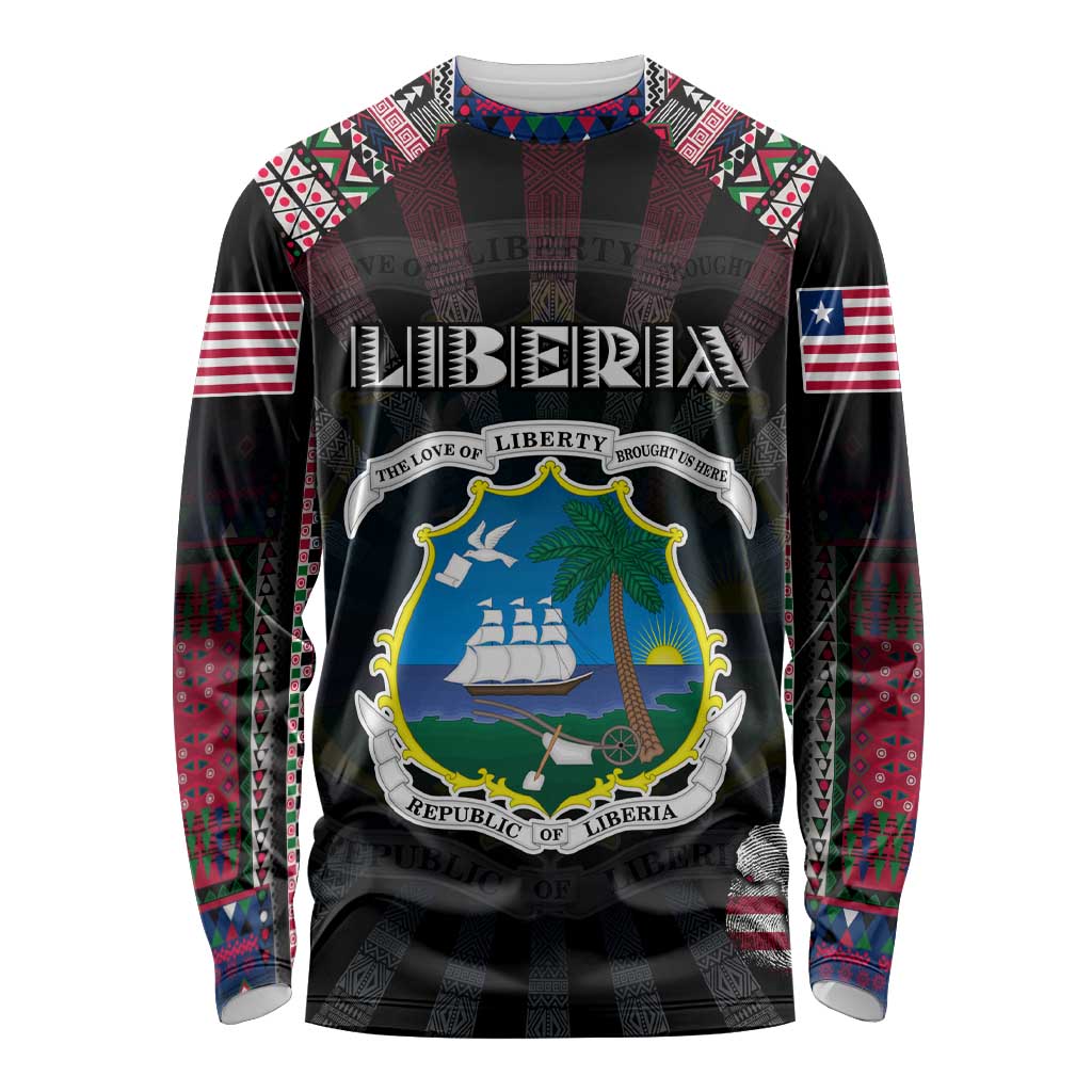 Personalized Liberia Roots Long Sleeve Shirt African Map in Fingerprint and Tribal Colors