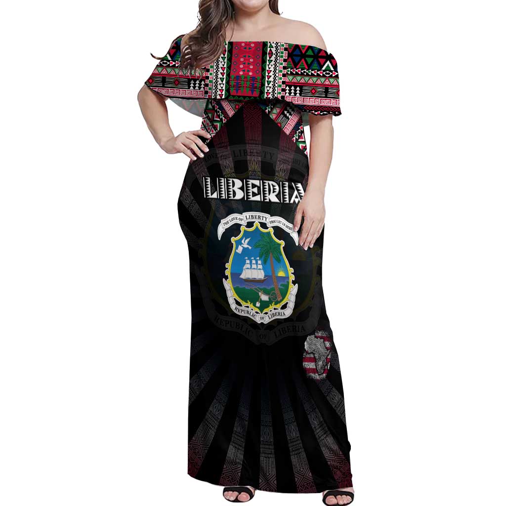 Personalized Liberia Roots Off Shoulder Maxi Dress African Map in Fingerprint and Tribal Colors