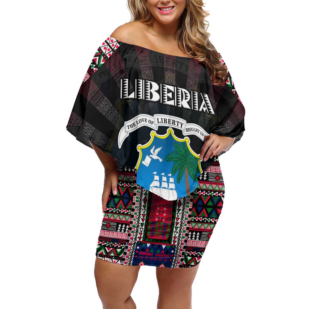 Personalized Liberia Roots Off Shoulder Short Dress African Map in Fingerprint and Tribal Colors