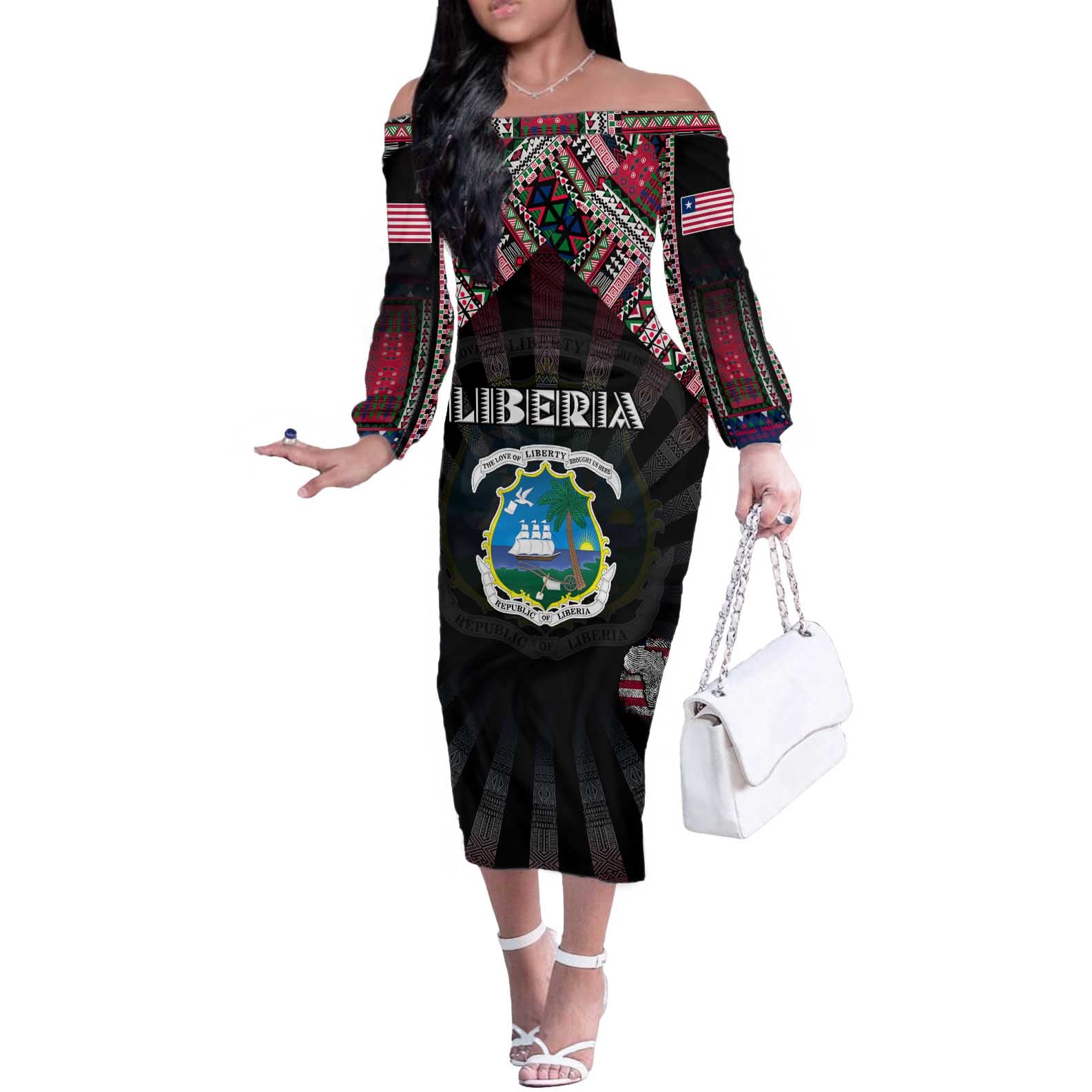 Personalized Liberia Roots Off The Shoulder Long Sleeve Dress African Map in Fingerprint and Tribal Colors