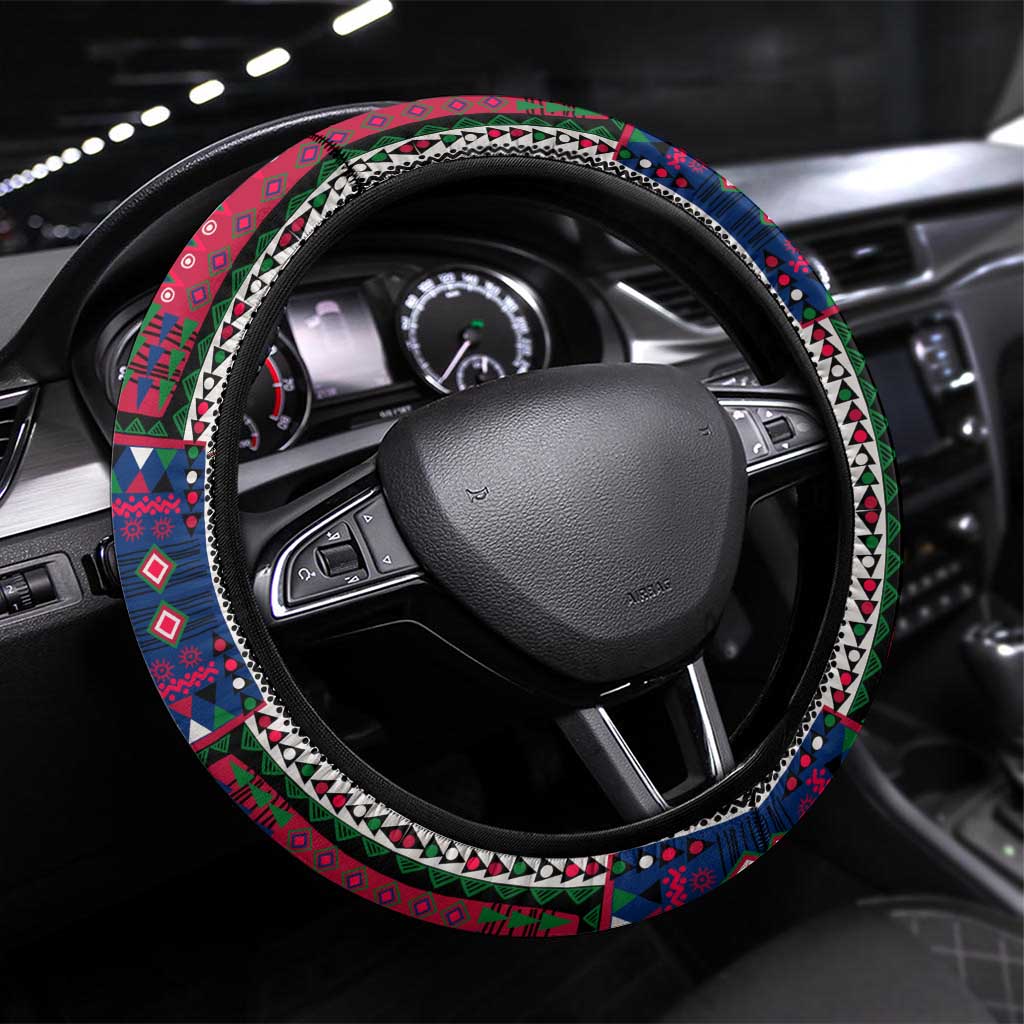 Liberia Roots Steering Wheel Cover African Map in Fingerprint and Tribal Colors