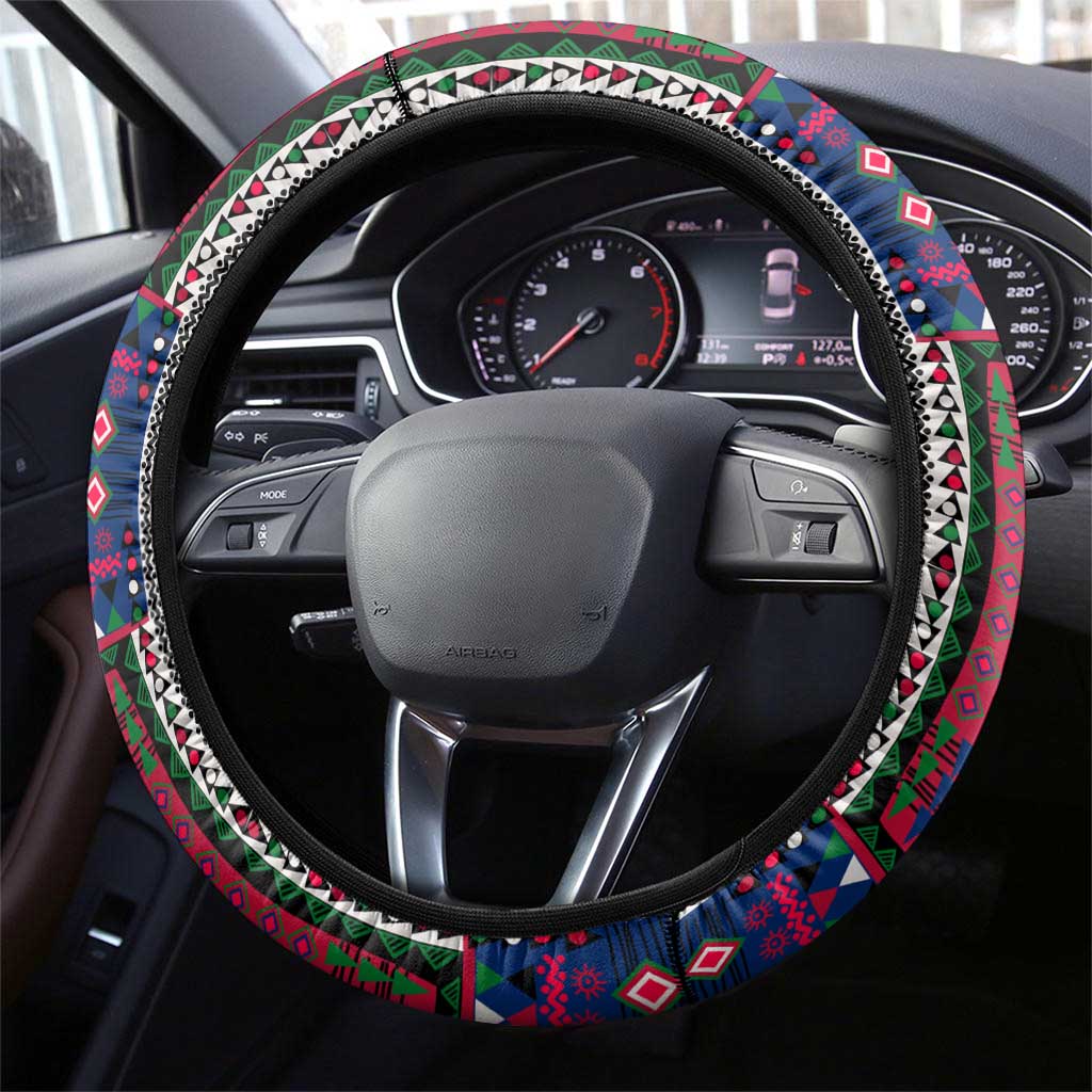 Liberia Roots Steering Wheel Cover African Map in Fingerprint and Tribal Colors