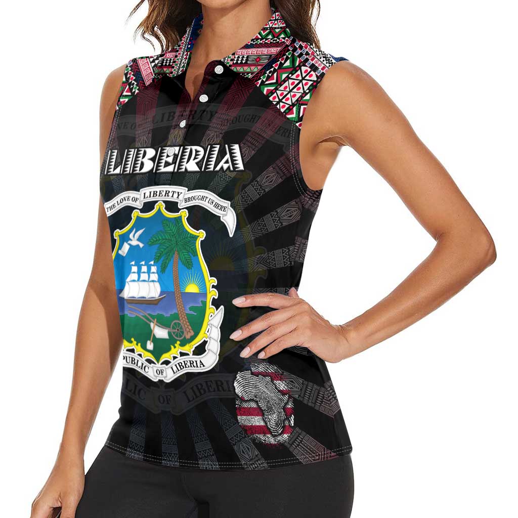 Personalized Liberia Roots Women Sleeveless Polo Shirt African Map in Fingerprint and Tribal Colors