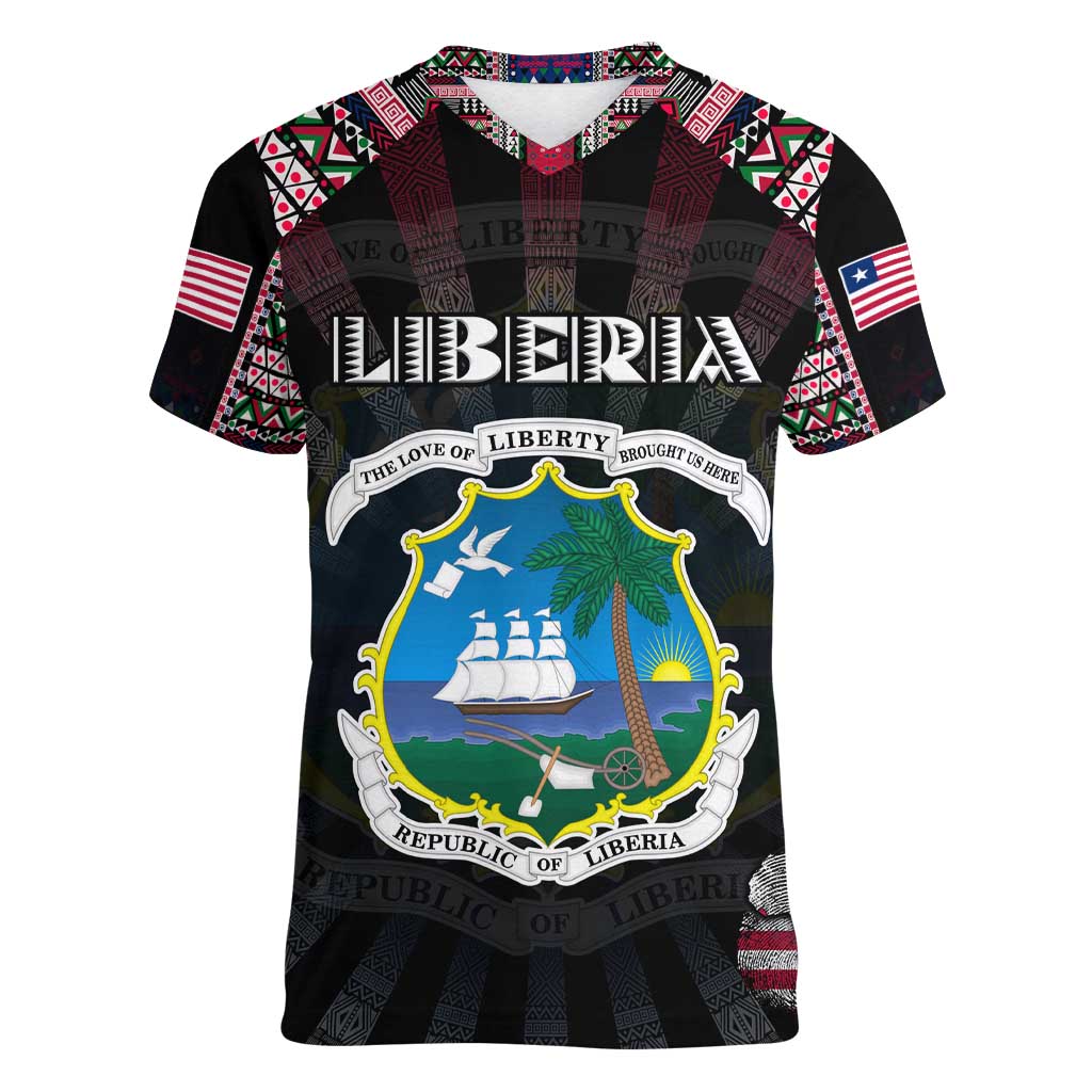 Personalized Liberia Roots Women V-Neck T-Shirt African Map in Fingerprint and Tribal Colors
