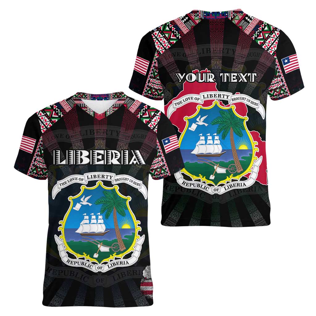 Personalized Liberia Roots Women V-Neck T-Shirt African Map in Fingerprint and Tribal Colors