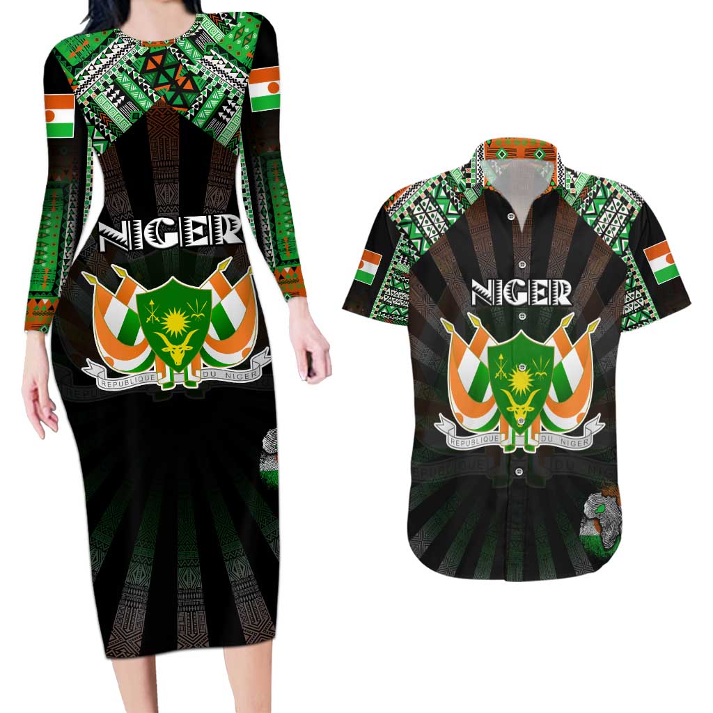 Personalized Niger Roots Couples Matching Long Sleeve Bodycon Dress and Hawaiian Shirt African Map in Fingerprint and Tribal Colors