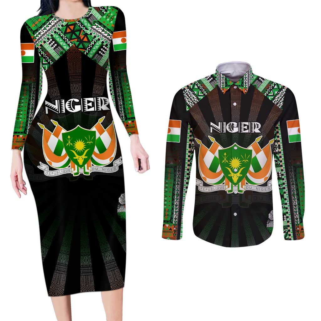 Personalized Niger Roots Couples Matching Long Sleeve Bodycon Dress and Long Sleeve Button Shirt African Map in Fingerprint and Tribal Colors