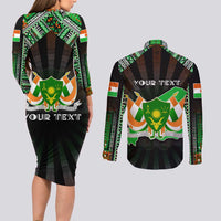 Personalized Niger Roots Couples Matching Long Sleeve Bodycon Dress and Long Sleeve Button Shirt African Map in Fingerprint and Tribal Colors