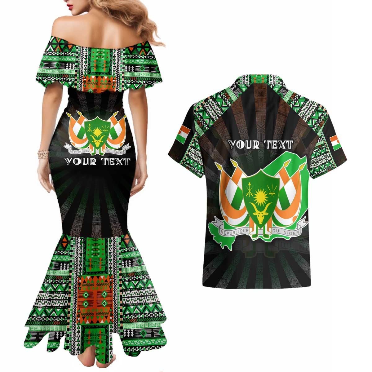 Personalized Niger Roots Couples Matching Mermaid Dress and Hawaiian Shirt African Map in Fingerprint and Tribal Colors