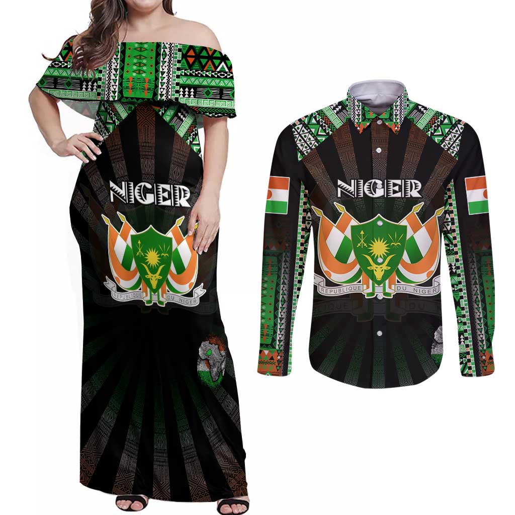 Personalized Niger Roots Couples Matching Off Shoulder Maxi Dress and Long Sleeve Button Shirt African Map in Fingerprint and Tribal Colors