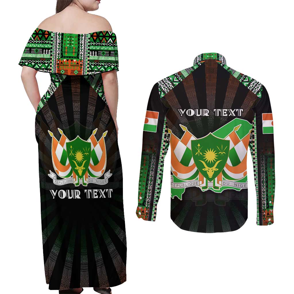 Personalized Niger Roots Couples Matching Off Shoulder Maxi Dress and Long Sleeve Button Shirt African Map in Fingerprint and Tribal Colors